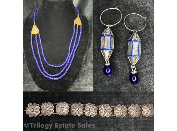 Cobalt Blue And Silver Jewelry: Earrings, Necklace, Bracelet