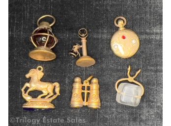 Antique Gold Plated Charms Including Horse With Intaglio Cut Glass Base, Candlestick Phone, Opera Glasses