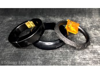 Two Vintage Black Bakelite Bracelets & Contemporary Resin Bangle