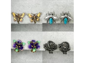 Vintage Flower Austrian, Butterfly And Bee Clip-On Earrings