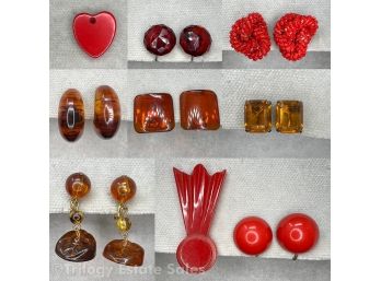 Red Bakelite Dress Clip & Earrings, Amber-Tone Clip-On Earrings