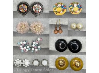 Vintage Flower Themed Clip-On Earrings Millefiori Sterling Shells