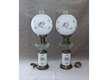 PAIR Electrified Hand-Painted Banquet Kerosene Lamps