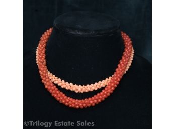 Two Vintage Coral Small Bead Choker Necklaces