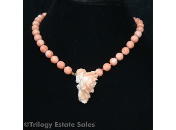 Angel Skin Coral Necklace With Round Beads And Carved Flower On Clasp