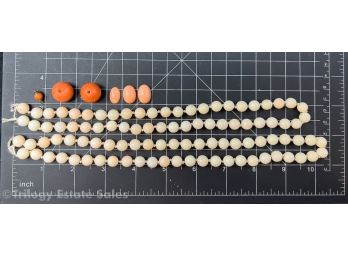 Two Angel Skin Coral Round Bead Strands, Larger Coral Beads And 3 Coral Cabochons