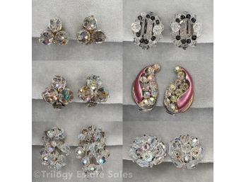 Six Paris Of Antique And Vintage Iridescent 'Crystal' Clip-On Earrings