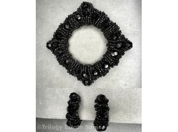 Antique Black Crystal Mourning Brooch & Clip-On Earrings Set