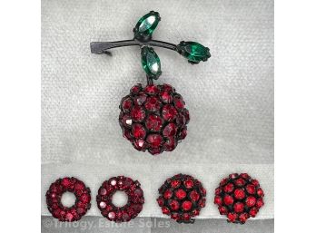 Vintage Warner Red Rhinestone Cherry Brooch With Earrings