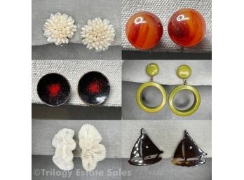 Six Pairs Groovy Vintage Clip-On Earrings Including Coral, Seed Pearls, Bakelite And Enamel