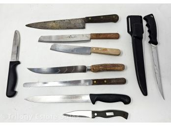 Maestranzi Brothers Vintage Carbon Steel Chef's Knife, Russel Stag-Handle Carving Knife, And Assorted Knives