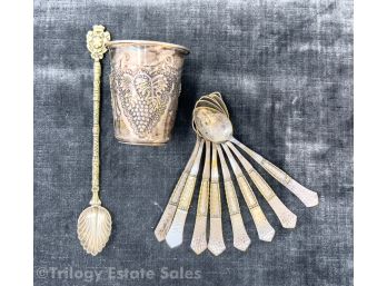 Lot Of Silverplate Demitasse Spoons, Grape Motif Repousse Cup And Italian Demitasse Spoon