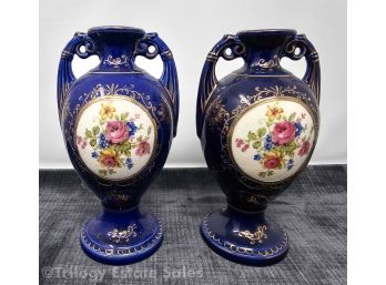 Set Of 2 Cobalt Blue Floral 7.75' Vases