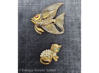 Damascene Anglefish & Cat With Faux Pearls Brooches