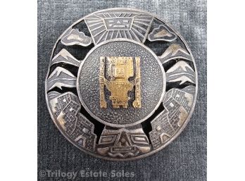 Sterling Silver And 18kt Gold Brooch With Inca Or Mayan Motif
