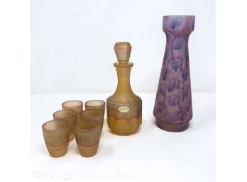 C. 1970s Hand Painted Glass Vase & Al-Rama Decanter And Cordials