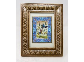 Ornately Framed Persian Painting On Tile Of Bone
