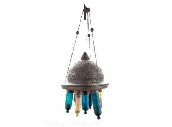 Hanging Domed Middle Eastern Lantern With Multi-Colored Glass Candle Holders