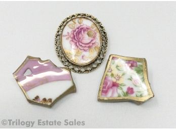 Three Painted Porcelain Brooches