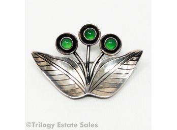 Per Skold Sweden Modernist Sterling Silver Flower Brooch With Green Stones