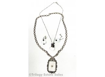 Art Deco Sterling Silver With Rock Crystal Pendant And Opalescent Bead Necklace