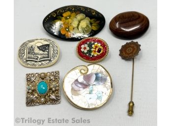 Brooches & Stick Pin Russian Lacquer Pietra Dura