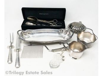 Sterling Silver Handled Carving Set Plus Sliverplate Towle Sheffield Pairpoint Serving Utensils