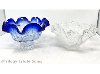 Shannon Crystal Cobalt Blue Edged Bowl & Clear Swirled Ridge Bowl