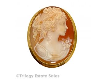 European Cameo Signed Brooch Set In 18kt Gold Has Loop To Use As Pendant