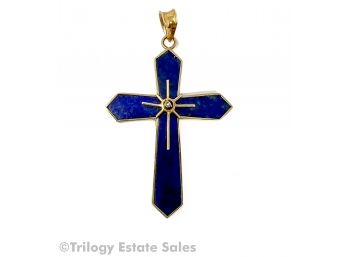 Lapis Lazuli Crucifix Pendant Mounted In 14kt Gold With Tiny White Stone