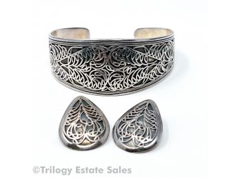 Sterling Silver Cuff Bracelet And Earrings Set