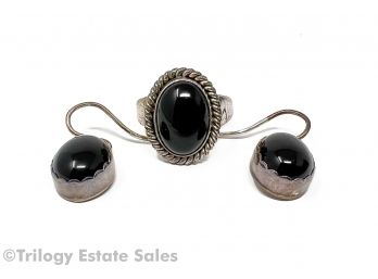 Artie Yellowhorse Sterling Silver And Black Onyx Dangle Earrings And Matching Size 5 Ring