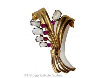 14kt Gold Brooch With Moonstones And Pink Tourmaline Stones