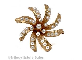 14kt Gold And Seed Pearl Swirl Brooch