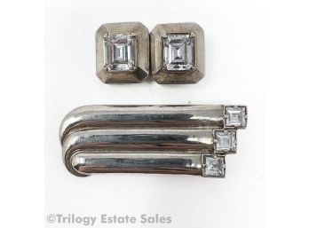 Les Bernard Art Deco Sterling Silver Brooch And Clip-On Earrings