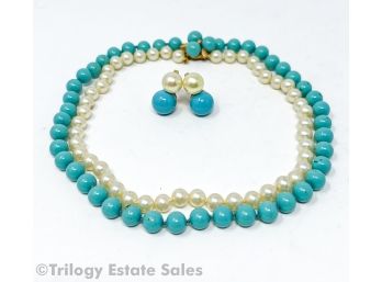 Vintage Ciner Faux Pearl & Turquoise-Colored Jewelry Set