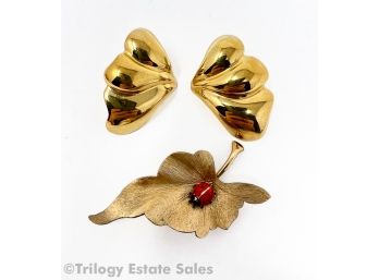 Krementz Lady Bug Brooch And Gold-Plated Sterling Earrings