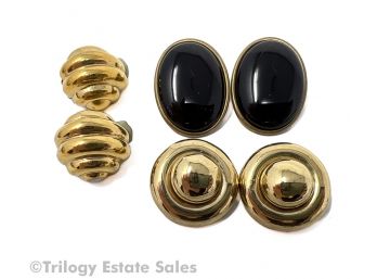 Three Pairs Round Clip-On Gold-Tone Earrings