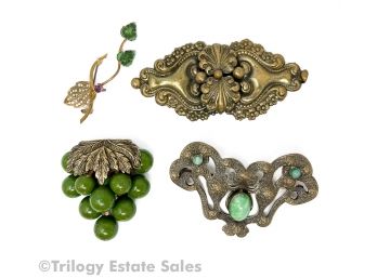 Dress Clips And Brooches With Green Stones And Beads