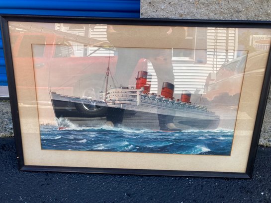 Framed Queen Mary Ship Picture - Signed
