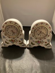 Pair Of Quartz Porcelain Miniature Clocks