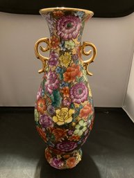 Oriental Flowered Vase With Bright Colors And Handles