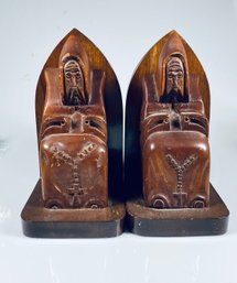 Mid-century Carved Wood Monk Bookends