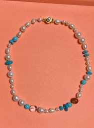 Mixed Cultured Pearls Hand Knotted With Aquamarine Turquoise And Amber