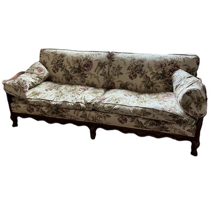 Large Upholstered Vintage Sofa With Carved Wooden Accents