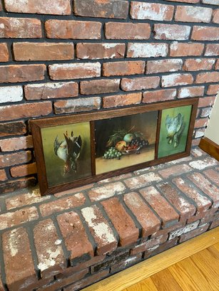 Antique 3 Section Fruit Still Life And Hanging Pheasant Print With Oak Frame, Circa 1910