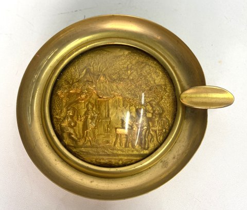 Small Brass Ash Tray With Raised Scene Under Glass About 3' Wide