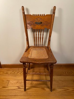 Vintage Oak Traditional Press Back Side Chair With Lovely Cane Seat