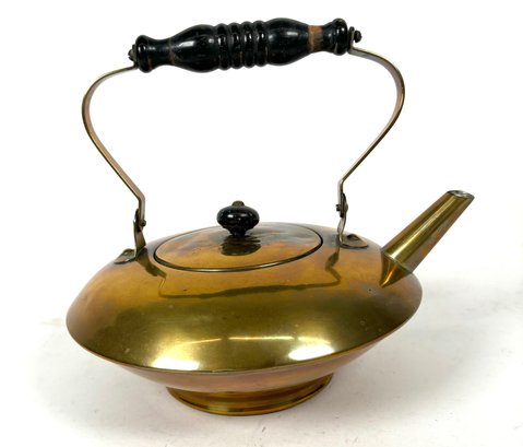 Vintage Brass Tea Pot With Wood Handle And Short Design