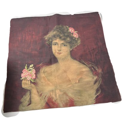 Beautiful Victorian Woman's Portrait With Embroidered Flowers Accents On Canvas Cloth